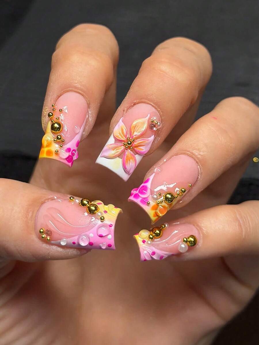 Pegatinas de arte de uñas florales 3D hechas a mano, uñas postizas cuadradas medianas, estilo de verano, adecuadas para niñas y mujeres - Multicolor - Ver 1