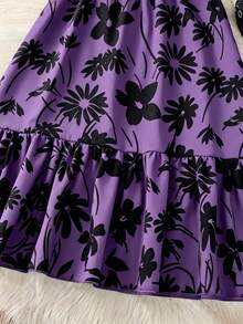 [Woven Texture] Distinctive Green Floral Mid-Length Dress With Belt For Teenage Girls - Casual Round Neck, Ruffle Sleeves, Polyester, Machine Washable - Perfect For Summer, Teenage Jumper Dress - Purple - View 3
