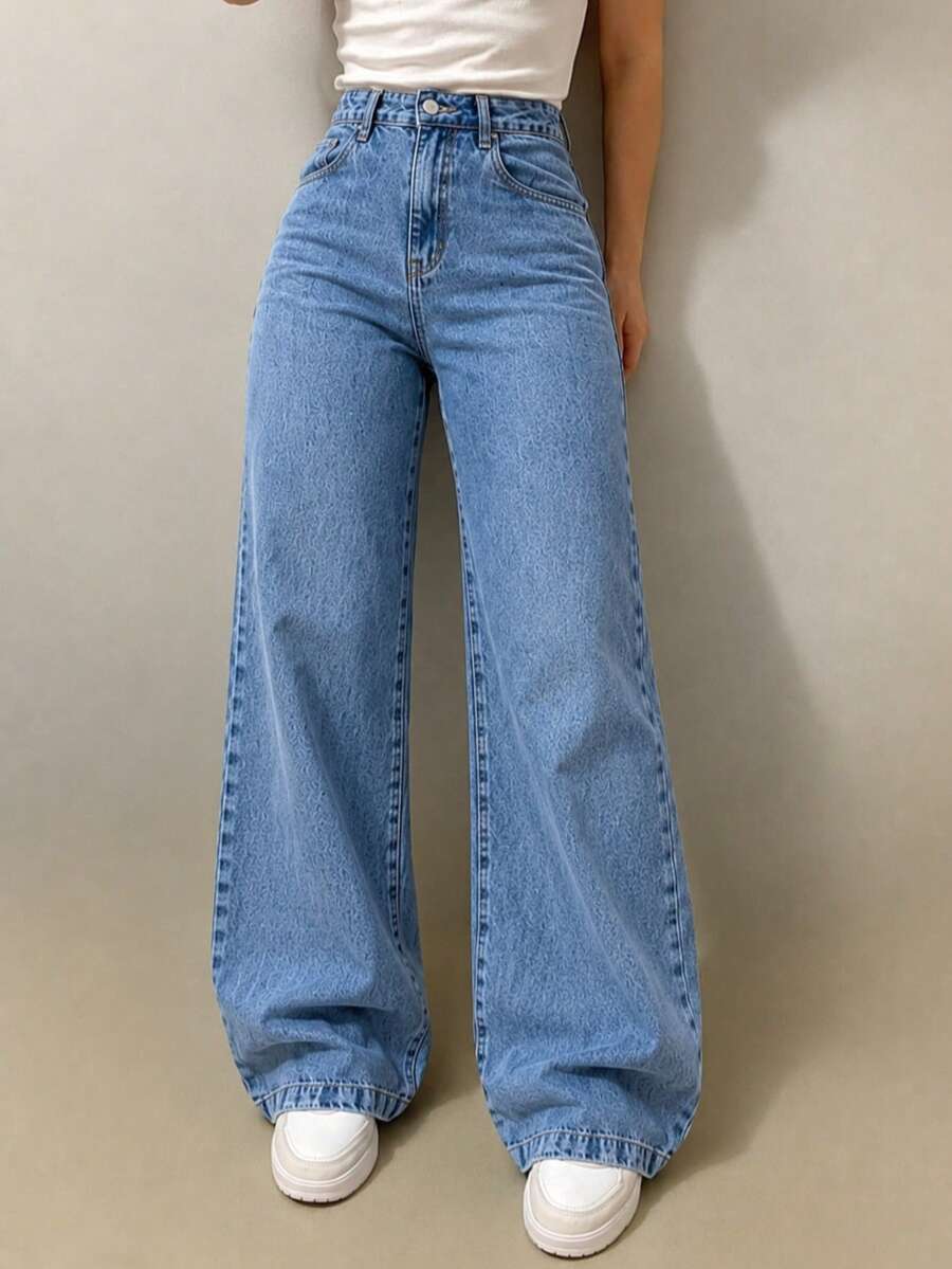 Women's Wide Leg Jeans, Straight Fit, Elegant, Thick Denim, No Elastane, Premium - 中等水洗藍 - 查看 1