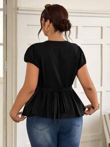 Blouse décontractée polyvalente à encolure en V et garniture en dentelle pour femmes grandes tailles, convenant pour le printemps/l'été/l'automne. Hauts élégants, tenues de vacances, chemises décontractées, hauts noirs - Noir - Voir 2