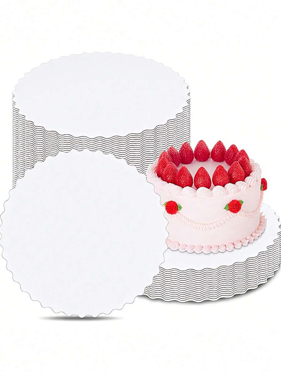 White Ruched Edge Cake Base, Sturdy Non-Slip Base, Anti-Warping Cardboard, Suitable For Layered Cakes, Pizza, Desserts | Wedding, Birthday, Party Decoration - White - View 1