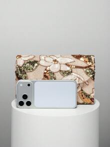 優雅亮面多色葉片與花卉拼接晚宴手拿包，刺繡手提包，附鏈條背帶信封包，適合派對女孩、新娘、大學生、年輕職場人士，適用派對、舞會、婚禮，可完美搭配派對配件，花色隨機發貨，週年紀念禮物 - 金色 - 查看 4