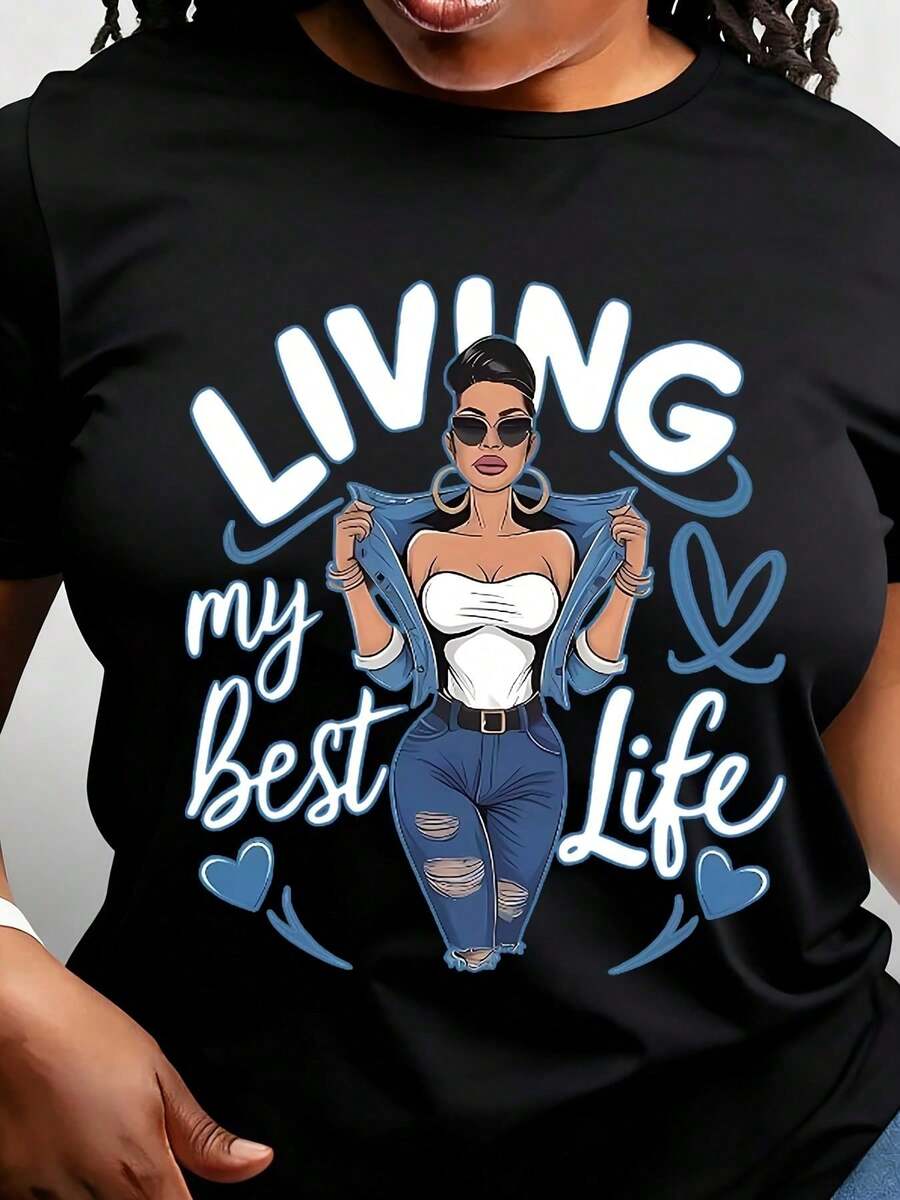 Living My Best Life Women's T-Shirt, Casual Short-Sleeved T-Shirt, Everyday Outdoor T-Shirt, Suitable For Any Occasion, Perfect As A Birthday Gift, Suitable For All Seasons. - 黑色 - 查看 1