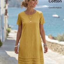 ghadjgyjad  Vestido casual  de unicolor, cuello redondo, manga corta para mujer, de verano - Blanco y Negro - Ver 7