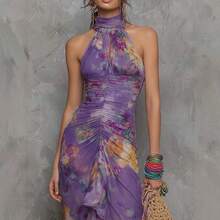 Elegant Boho Women's Purple Floral Halter Maxi Dress With Ruffled Asymmetrical Hem, Sleeveless A-Line Design, Perfect For Formal Occasions. - Purple - View 2