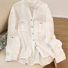 Camisa de manga larga de un solo pecho de unicolor y bolsillo minimalista para mujer, uso de oficina en color blanco - Blanco - Ver 4