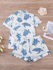 2pcs Women Pajama Set, Sea Turtle Shell Starfish Print, Ladies Loungewear, Spring Summer Holiday Outfit, Short Sleeve Collared Top And Shorts Can Be Worn Outdoors - Navy Blue - View 2