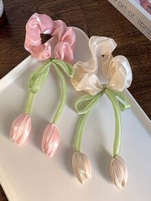 2pcs Lily Of The Valley Hair Scrunchies, [Beige, Blue, Pink, Green, Purple] Multi-Color Lily Of The Valley Hair Ties, Perfect For Summer Beach Photos Ponytail Elastic Hair Ties - Watermelon Pink - View 8