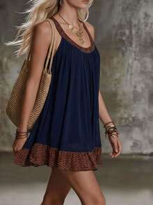 Leopard Print Ruffle Hem Mini Chiffon Dress, Patchwork Applique, Vacation Beach Style Elegant Summer - Royal Blue - View 3