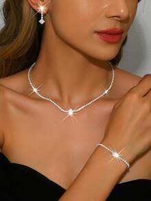 Set Perhiasan Pengantin Berkilau, Anting, Kalung, dan Gelang dengan Desain Minimalis, Cocok untuk Pernikahan, Pertunangan, Pantai, dan Pesta Liburan. - Perak - View 8