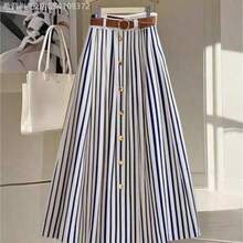 Soqi Women's Clothing  Falda larga plisada con cinturón marrón, de cintura elástica, de estilo casual y versátil - Azul marino - Ver 1