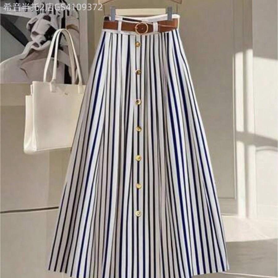 Soqi Women's Clothing  Falda larga plisada con cinturón marrón, de cintura elástica, de estilo casual y versátil - Azul marino - Ver 1