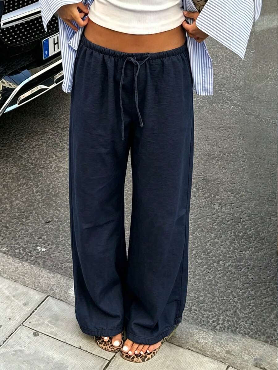 女款寬鬆抽繩腰寬腿褲,輕量透氣休閒長褲,海軍藍,夏季度假風度假穿搭 - 深藍 - 查看 1