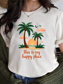 YOCASA Women's Casual Summer T-Shirt, Crew Neck, Fitted, Short Sleeve, With Oil Paint, Floral, Heart, Cherry, And Letter Prints. Simple, Casual Fabric, Sporty Style, Ideal For Everyday Wear And A Valentine's Day Date. - YH256-白色 - 查看 1