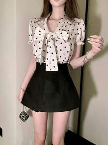 Women's Vintage Satin Polka Dot Bow Decor V-Neck Tie Top, Summer Style - Champagne - View 5