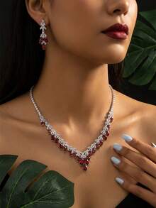 3pcs/1set Elegant Silver-Tone Red Cubic Zirconia V-Neck Necklace And Drop Earrings Set, Bridal & Wedding Jewelry For Women - Jewelry Sets - View 2