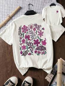 Women's Fun Plant-Embossed And Fashionable Floral Cartoon Letter Print Street Style, Korean-Style Comfortable Retro Fashion Commuting Versatile Y2K Women's Clothing, Regular Niche Punk Style Black Fitted Round Neck Short-Sleeved Washed T-Shirt, Double-Sided Printing,Washed Retro Series Comfortable Pure Cotton T-Shirt, Easily Create Retro Casual Wear, Suitable For Daily Commuting, Casual Outings, And Everyday Wear, Classic Retro Style Women's Clothing. - 白色 - 查看 1