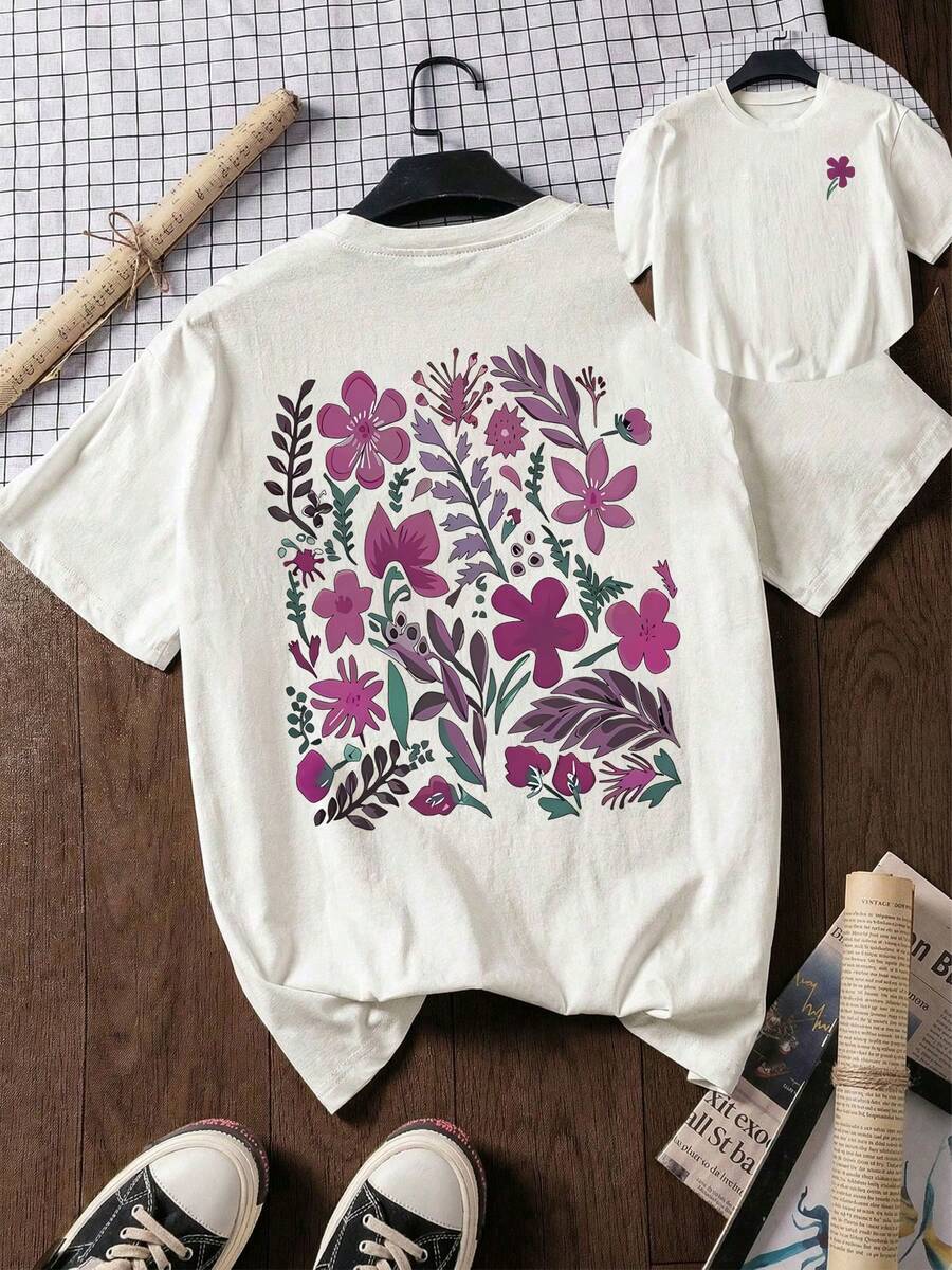 Women's Fun Plant-Embossed And Fashionable Floral Cartoon Letter Print Street Style, Korean-Style Comfortable Retro Fashion Commuting Versatile Y2K Women's Clothing, Regular Niche Punk Style Black Fitted Round Neck Short-Sleeved Washed T-Shirt, Double-Sided Printing,Washed Retro Series Comfortable Pure Cotton T-Shirt, Easily Create Retro Casual Wear, Suitable For Daily Commuting, Casual Outings, And Everyday Wear, Classic Retro Style Women's Clothing. - 白色 - 查看 1