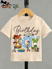 Disney Licensed Toy Story "Birthday Boy" Character Fill Print Kids' T-Shirt, Short-Sleeved Casual Top, Cute Themed Printed Tee, Perfect For Daily Wear, School Activities, Family Outings, Theme Park Visits And Holiday Gifts, Shipped From Local Warehouse - Màu be - Xem 3