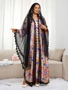 Women's Solid Color Mesh Contrast Lace Loose Arabic Abaya Black - Black - View 3