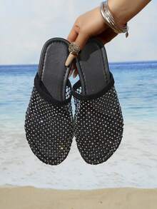 Damen Schwarze Mesh Strass Bohemian Stil Geschlossene Zehen Flache Mule Sandalen, Sommer Lässig Strand Sandalen - Schwarz - Übersicht 7