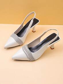 1 Pair Silver Teen Spring/Summer Rhinestone Pointed Toe Slingback Sandals, Matte PU Material + Multi-Layer Rhinestone Decor, Stiletto Heel With Elastic Back Strap Design, Versatile Commuter High Heels, Suitable For Office / Date / Party Occasions, 2026 New Women's Shoes - Silver - View 8