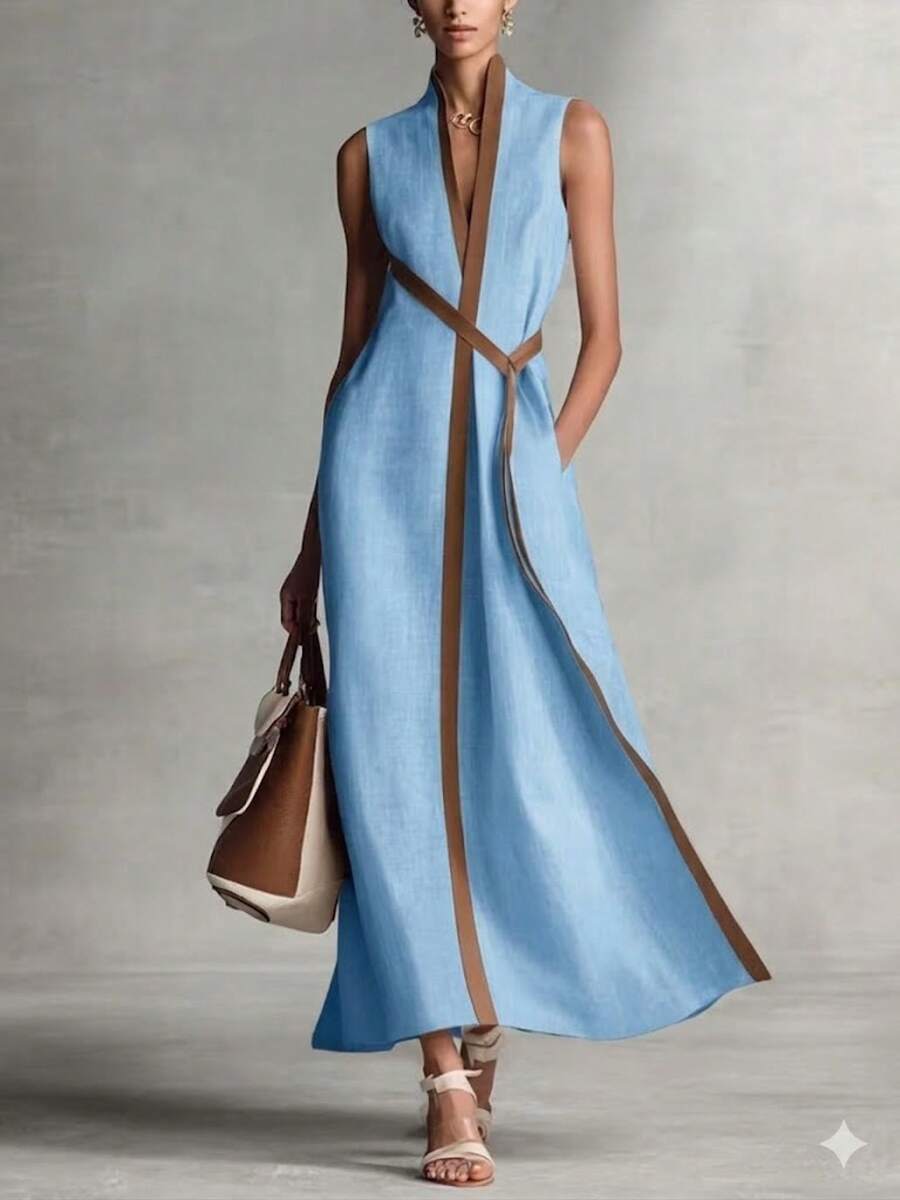 Elegant Navy Linen Maxi Dress Stand Collar Sleeveless V-Neck With Brown Trim Wrap Waist Flowy A-Line Dress Minimalist Chic Style For Work & Formal Eve - 天藍色 - 查看 1