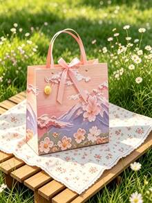 1個創意2D花卉油畫禮品盒、禮品袋、2D圖案禮品紙袋附緞帶、便攜式紙製禮品袋、奶油雲朵與花瓣設計。非常適合婚禮禮物、生日裝飾、婚禮派對贈品、情人節、生日派對、復活節、婚禮、母親節、桌面裝飾和禮品包裝用品 - 漸層色 - 查看 3