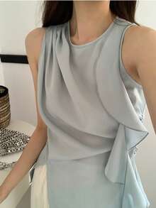Women's Sleeveless Blouse With Draped Design, Side Slits, And Chiffon Material. Slimming Effect, Feminine, Office Casual, Spring/Summer Top. Women's Tops, Blouse, Shirt. - Light Wash - View 4