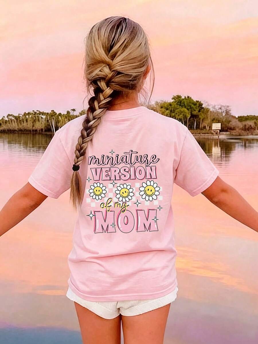 Tween Girl Funny "MINIATURE VERSION OF MY MOM" Cartoon Print T-Shirt, Suitable For Girls' Daily Wear, Mother-Daughter Matching And Special Occasions, Cute And Fashion Top For Girls In Summer - Pink - View 1