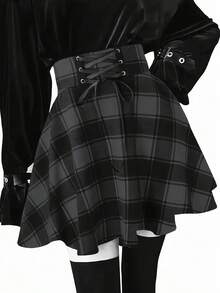 Nueva Falda de Talle Alto con Cordones y Estampado de Cuadros, Versátil y Esponjosa de Línea A - Negro - Ver 2