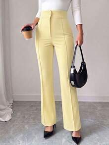 Women Elegant Black Long Wide Leg Flare Work Pants With Medium Stretch Polyester Fabric - Yellow - View 1