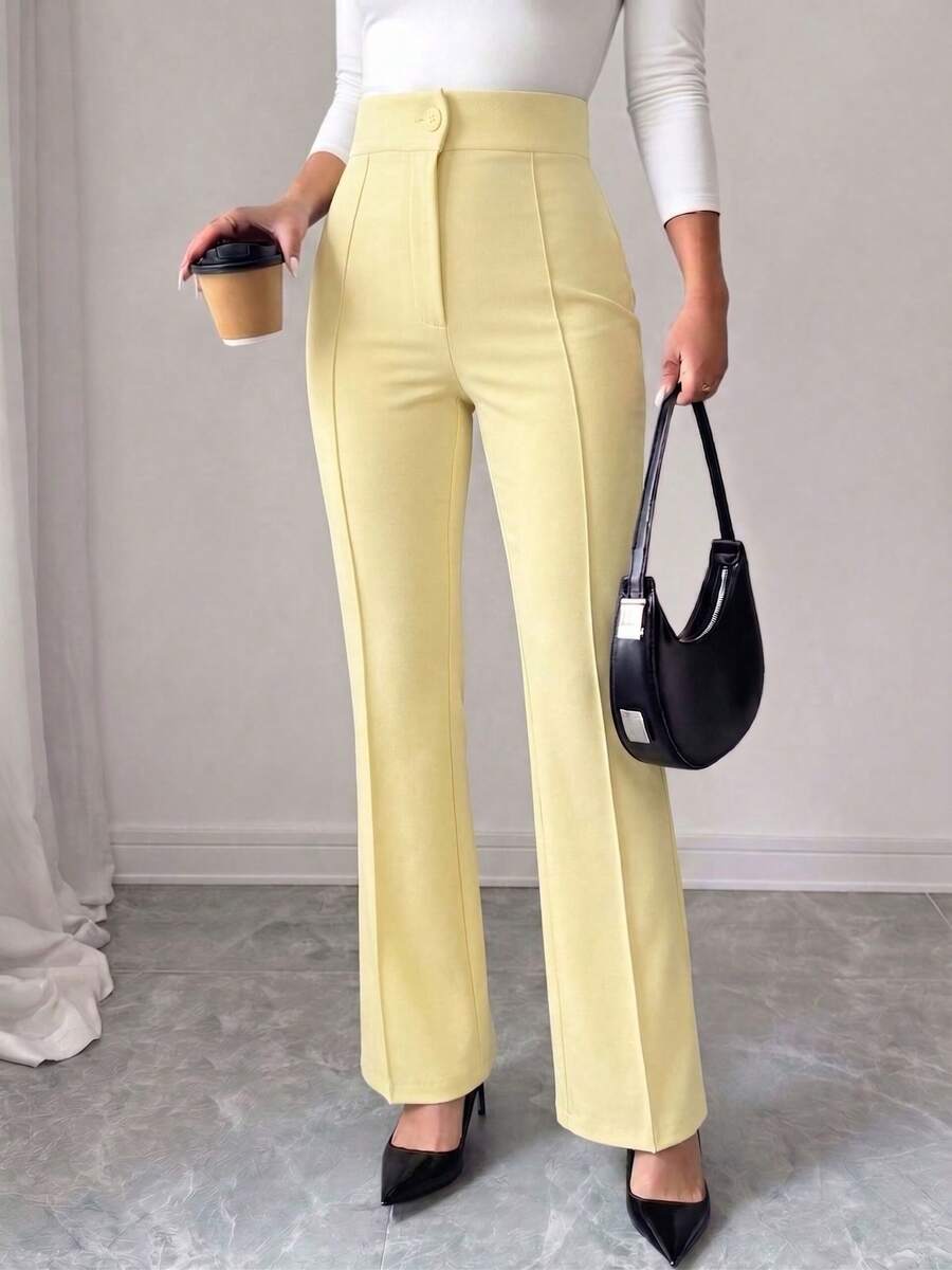 Women Elegant Black Long Wide Leg Flare Work Pants With Medium Stretch Polyester Fabric - Yellow - View 1