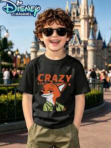 Disney Zootopia 1 Piece Teen Boys Nick Wilde "Crazy Strawberry" Print Short Sleeve T Shirt Black Daily Summer Boys Clothes Teen Boy Clothes Shirts - 黑色 - 查看 1