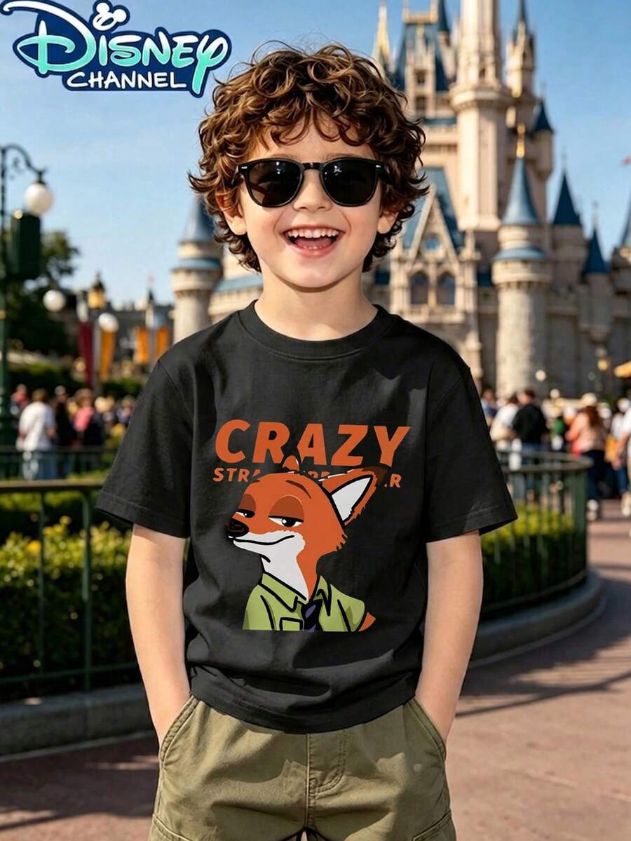 Disney Zootopia 1 Piece Teen Boys Nick Wilde "Crazy Strawberry" Print Short Sleeve T Shirt Black Daily Summer Boys Clothes Teen Boy Clothes Shirts - 黑色 - 查看 1