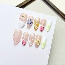 10pcs Medium Almond Fake Nails With Nude Pink Translucent Base, Milky White, Warm Yellow & Light Green Fresh Color‑Block Design, 3D Bows, Hand‑Painted Dots & Lines, Colorful 3D Flowers & Iridescent Rhinestone Accents Sweet Fresh Spring Style 100% Handmade Press On Acrylic Nails Reusable Nail Supplies Including 1pc Jelly Glue Sticker, 1pc Stick And 1pc Nail File For Women's Daily Or Party Wear - Multicolor - View 9