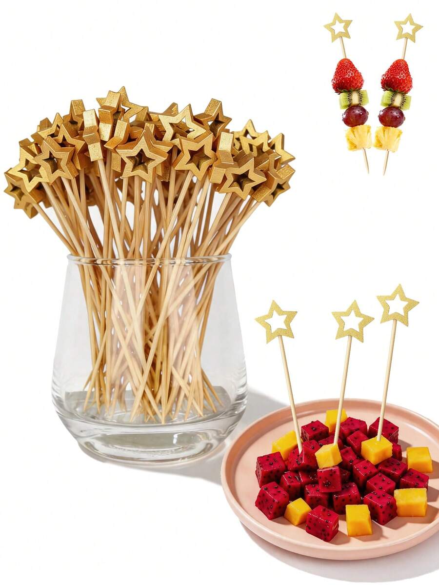Palillos para Cócteles con Estrella Dorada, Brochetas de Alimentos con Estrella Hueca Brillante con Partes Superiores Decorativas Elegantes para Frutas, Aperitivos, Cupcakes, Postres y Mesas de Fiesta, Ideales para Bodas, Cumpleaños, Aniversarios, Navidad, Año Nuevo y Decoración de Celebraciones Festivas
