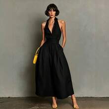 2026 Summer Solid Color Casual  Sexy Sleeveless Shirt Collar Dress For Women Loose Fit Mini Length Elegant Office Party Streetwear - 黑色 - 查看 1