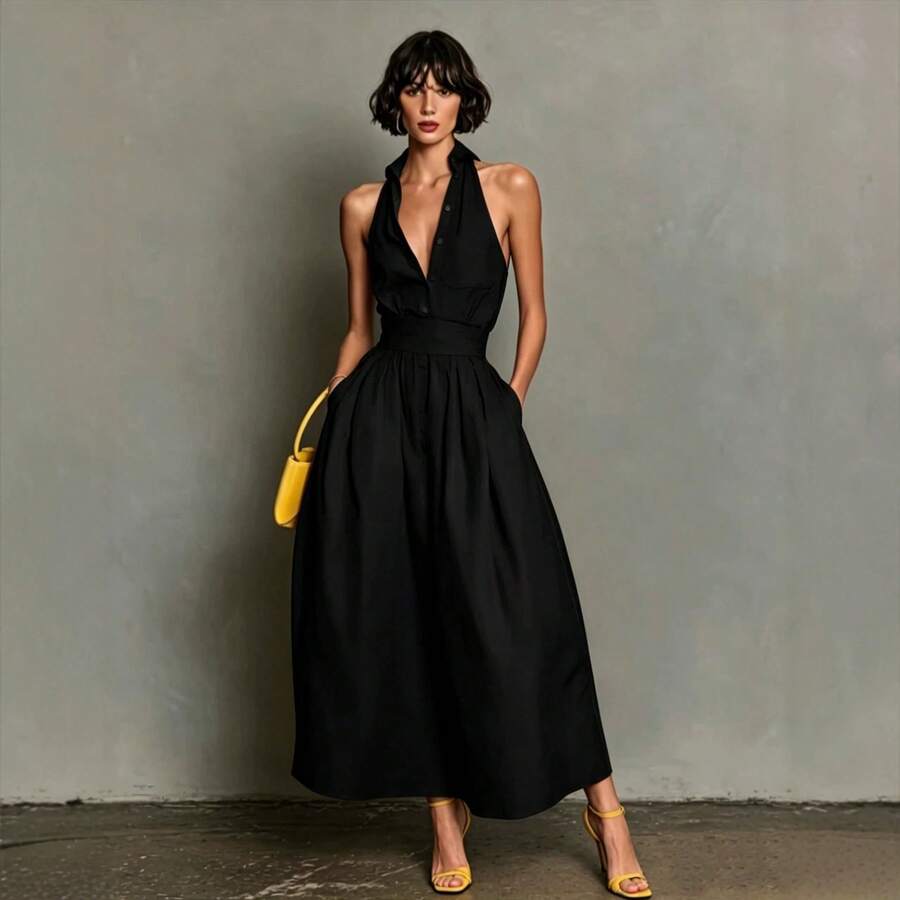 2026 Summer Solid Color Casual Sexy Sleeveless Shirt Collar Dress For Women Loose Fit Mini Length Elegant Office Party Streetwear - 黑色 - 查看 1