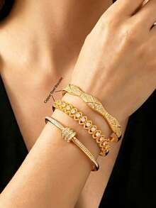 3/1pc Exquisite Fashion Stainless Steel Bangle Copper Bangle, Multi-Piece Stackable Jewelry With Smooth Curved Frame And Delicate Carved Details, Soft Stylish Temperament Highlights Personal Charm, Perfectly Matches Daily Office Looks, Dating Attires And Party Outfits, Reliable Workmanship Brings Comfortable Wearing Experience, Thoughtful Present Choice For Your Beloved Ones On All Kinds Of Special Occasions - Gold - View 6
