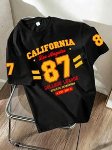 2件/組 男童休閒套裝 短袖T恤與短褲 趣味英文字母與數字「87」印花 適合夏季 - 黑色 - 查看 3