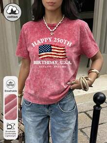 Plus Size Women's Summer Vacation Casual American 4th Of July Independence Day Print Round Neck Short Sleeve Red Washed T-Shirt - Red - View 4