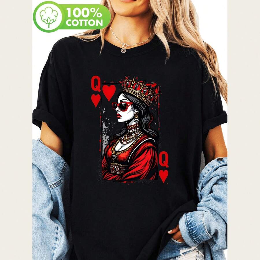 Y-Red Heart Q Stunning Queen Red Heart Queen Card WomenS ValentineS Day Printed T-Shirt Short-Sleeve Round Neck Casual T - 黑色 - 查看 1