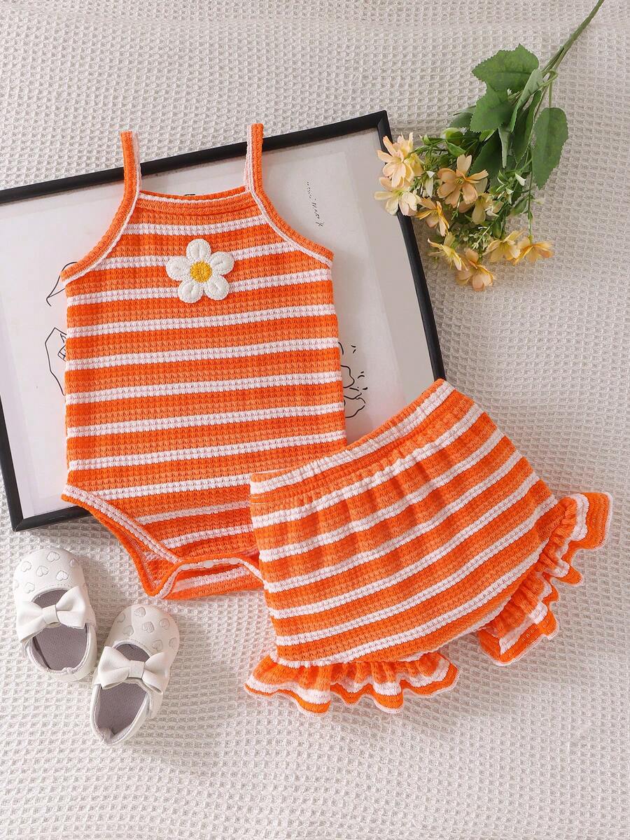 Baby Girls' Summer Sweet Set, Orange & White Striped Waffle Romper + Ruffle Hem Shorts 2pcs, Soft & Cute Loose Comfortable, Suitable For Daily Outings, Vacation, Summer Outdoor Play, Photography, Party - Orange - View 1