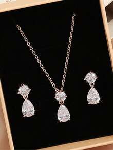 rakol 3pcs Silver Minimalist Round Cubic Zirconia Decor Women's Earrings Necklace Jewelry Set - Rose Gold - View 2