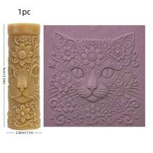 1pc Flower Cat Head Texture Roller - Plastic Clay Embossing Tool, Suitable For Soft Ceramics, Coasters, And DIY Jewelry Making, Featuring High Detail Feline Animal Patterns, Suitable For Crafts And Handmade Seals, It Is A Gift For Cat Enthusiasts - Apricot - View 6