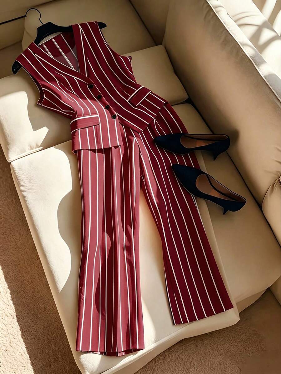 女士条纹撞色纽扣前袋休闲优雅两件套，适合海滩、度假、办公室、约会、日常穿着，春夏皆宜 - 酒紅色 - 查看 1