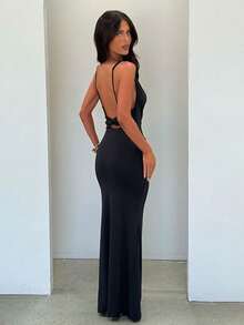 Long Sleeveless Pleated Knot Backless Dress New - 黑色 - 查看 4