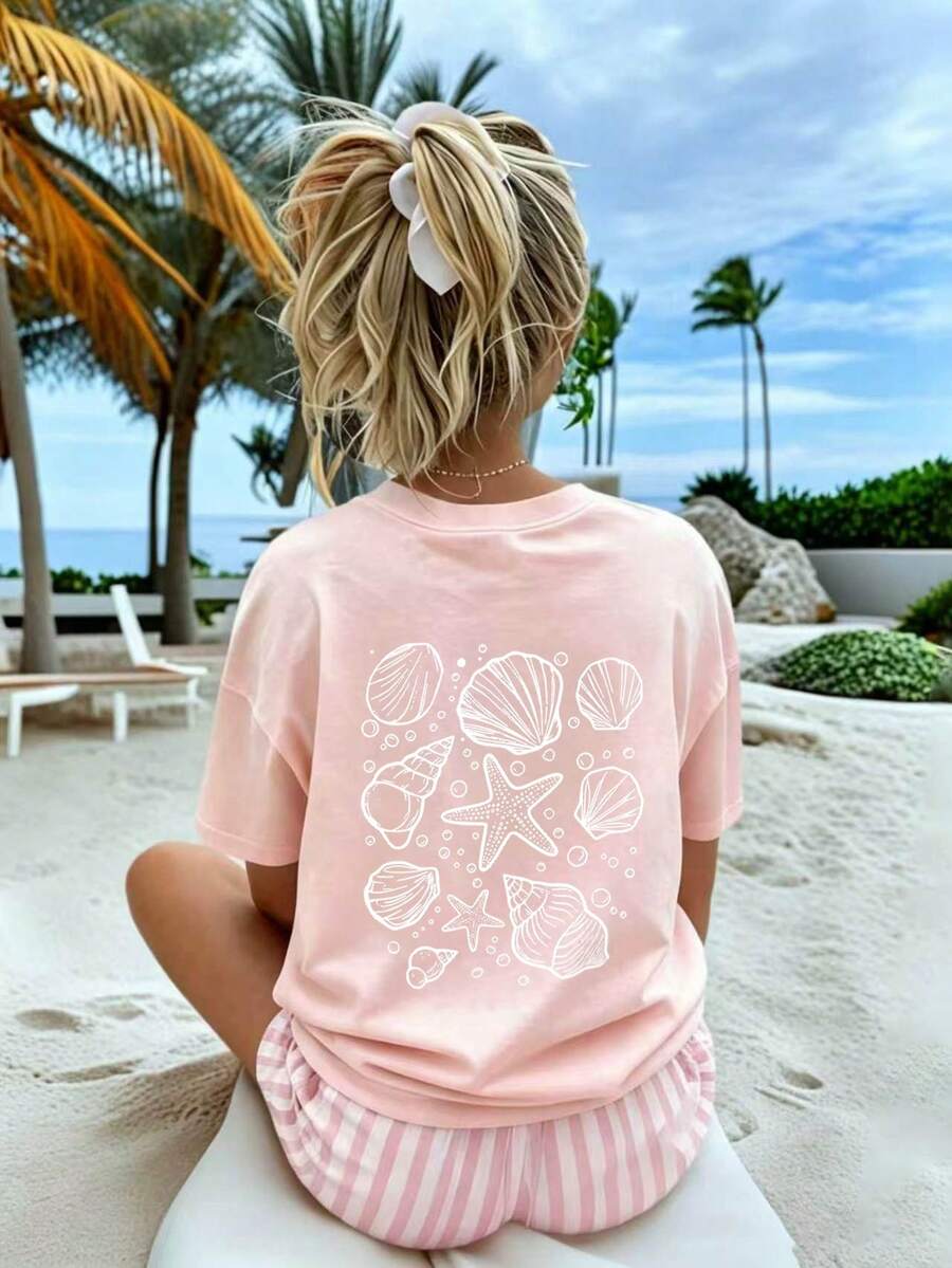 Tween Girls' Casual Graphic Print Crew Neck Short Sleeve T-Shirt, Summer Top - Pink - View 1