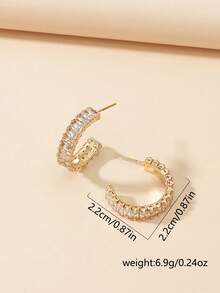 Nooxian 1 Pair Women's C-Shaped Copper Inlaid Rectangular Zirconia Hoop Earrings, Everyday Basic Hoop Accessory - Golden - View 8